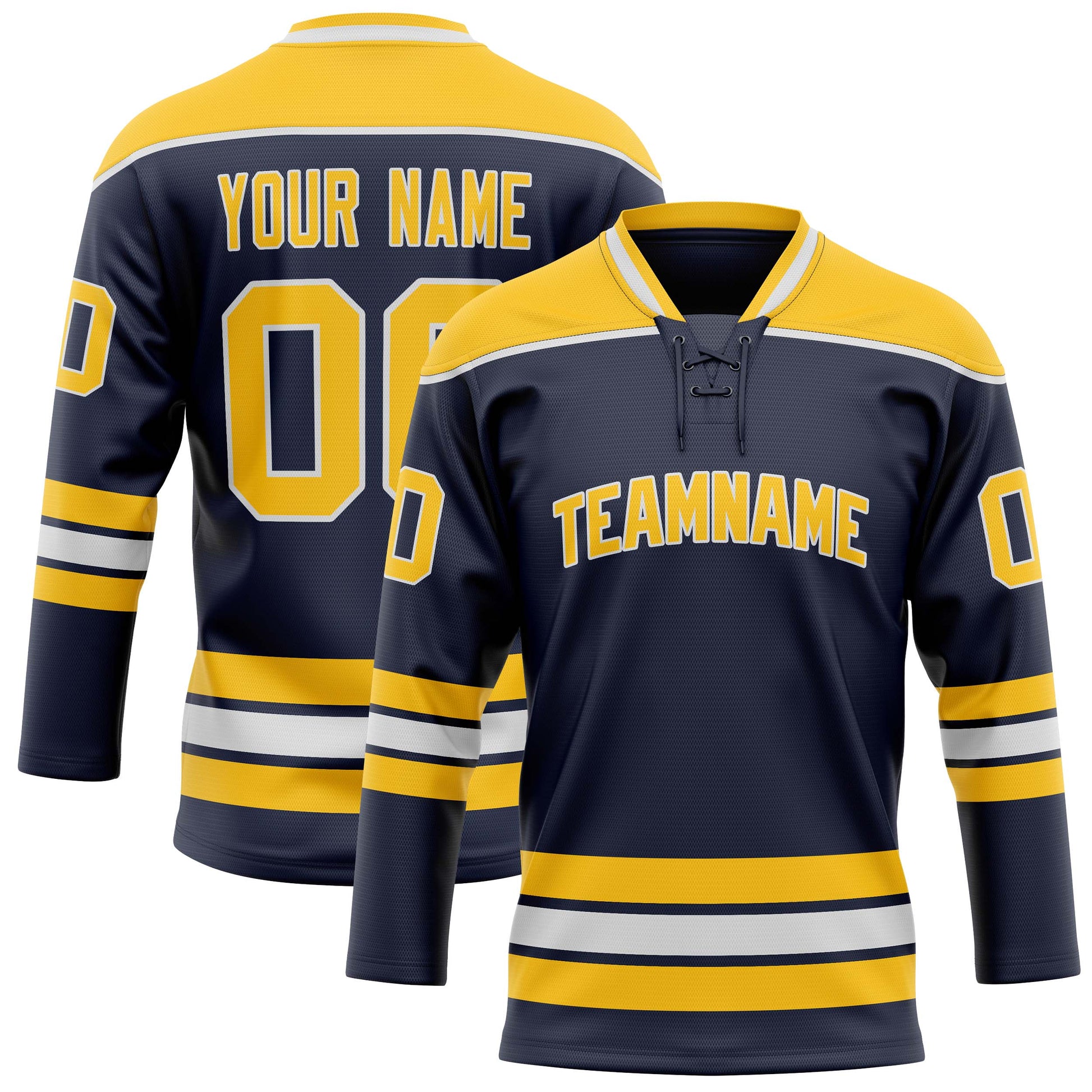 Maßgeschneidertes Professionelles Marineblau Gold Eishockeytrikot HK01240718NA274