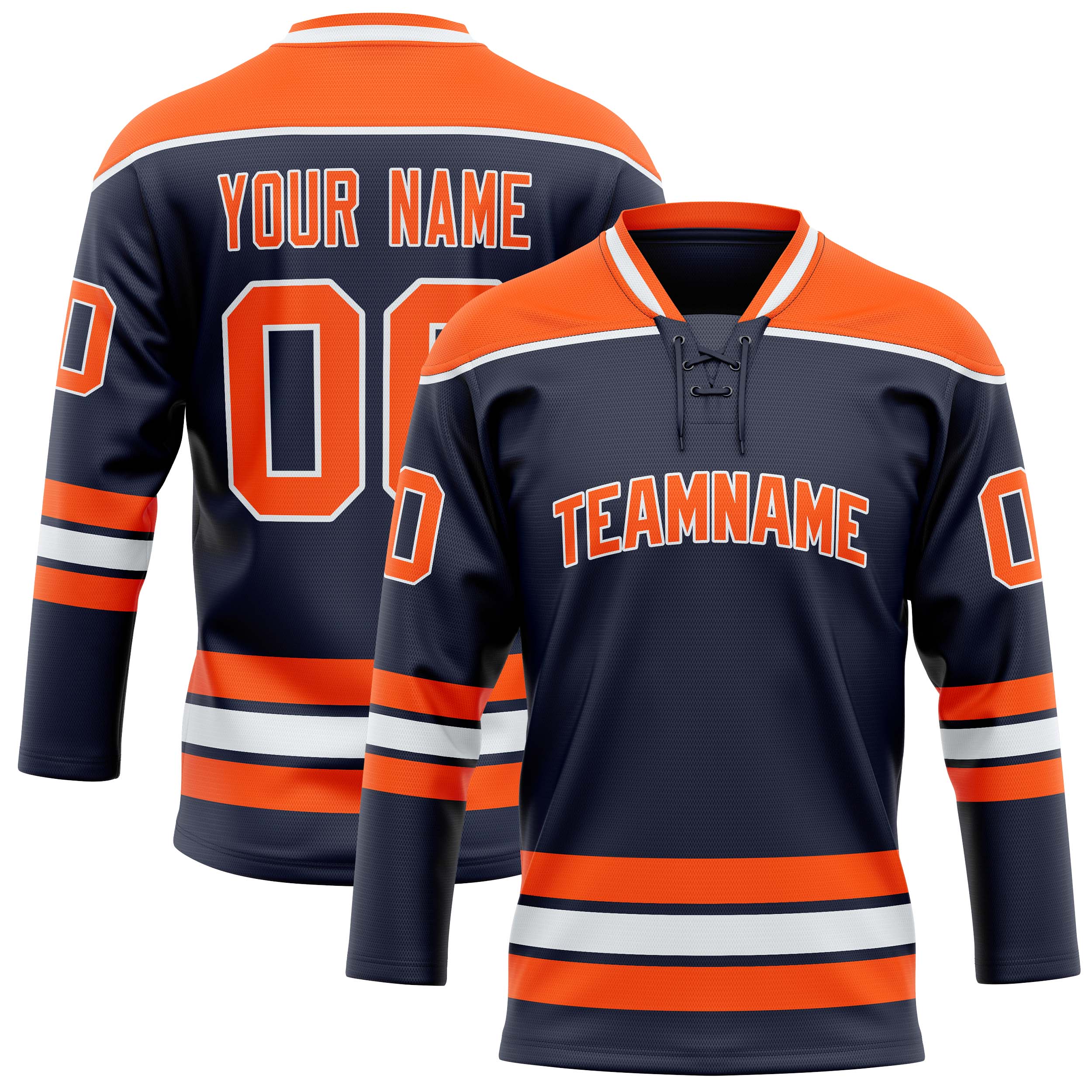 Maßgeschneidertes Professionelles Marineblau Orange Eishockeytrikot HK01240718NA280