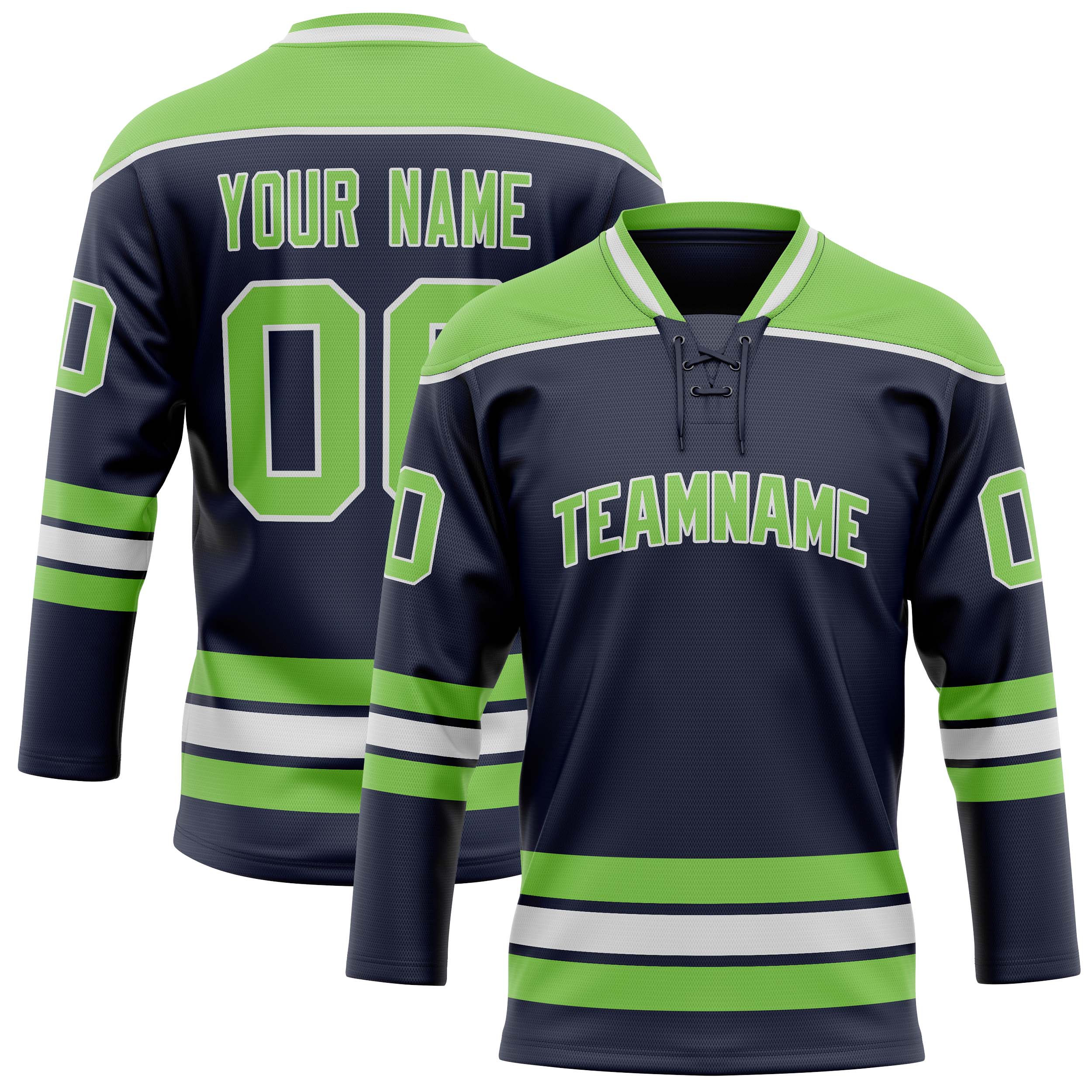 Maßgeschneidertes Professionelles Marineblau Neongrün Eishockeytrikot HK01240718NA283