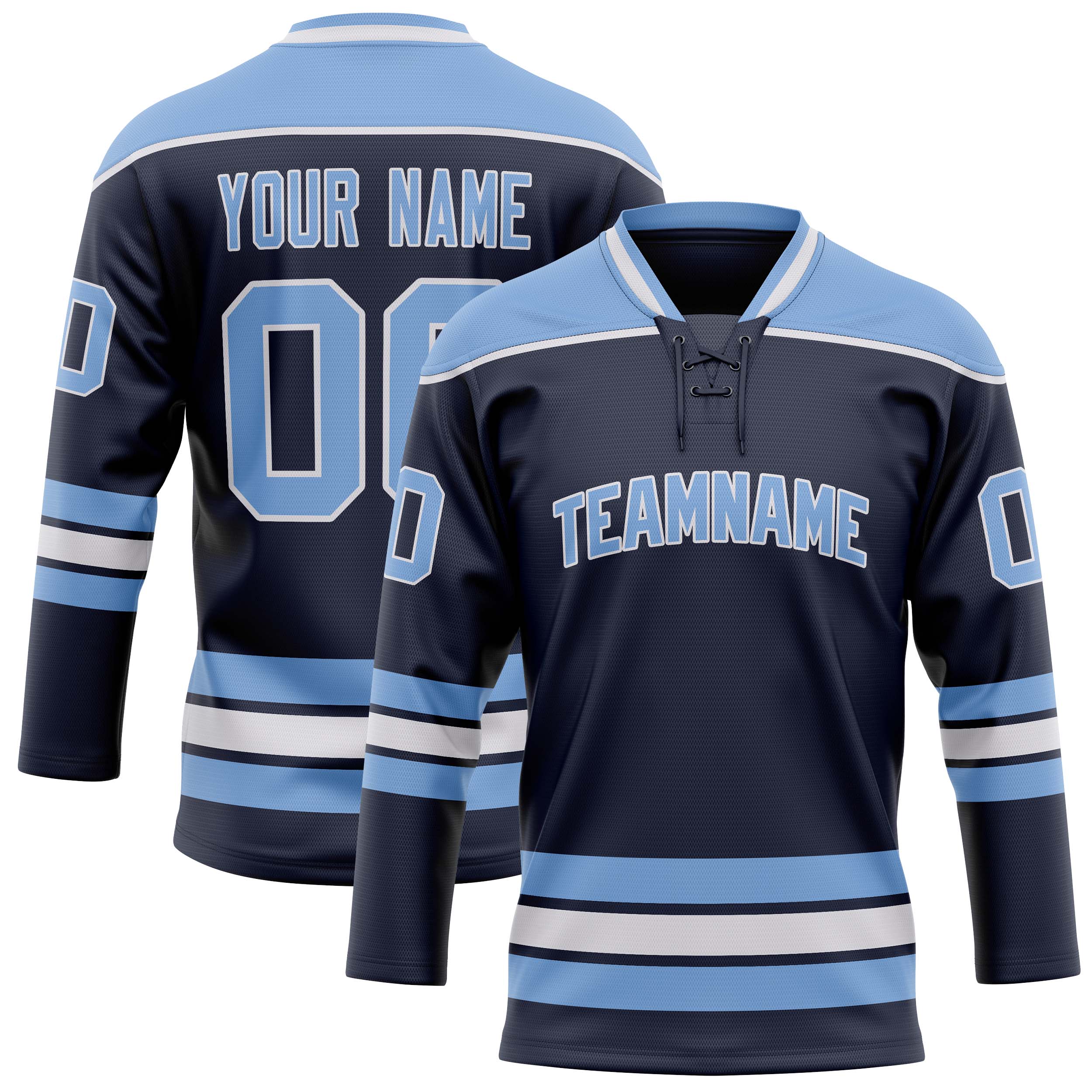 Maßgeschneidertes Professionelles Marineblau Hellblau Eishockeytrikot HK01240718NA284