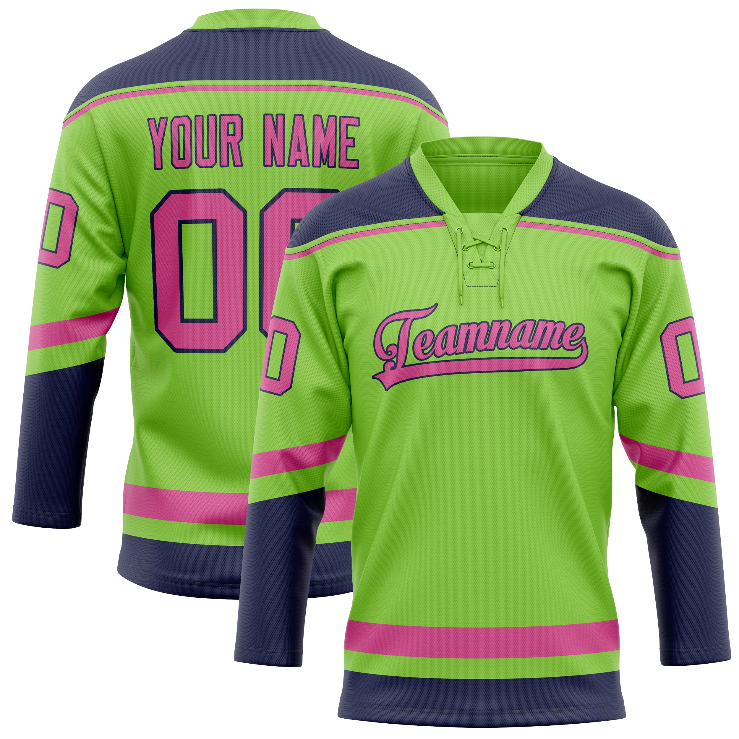 Maßgeschneidertes Professionelles Neongrün Rosa Eishockeytrikot HK01240718NE293