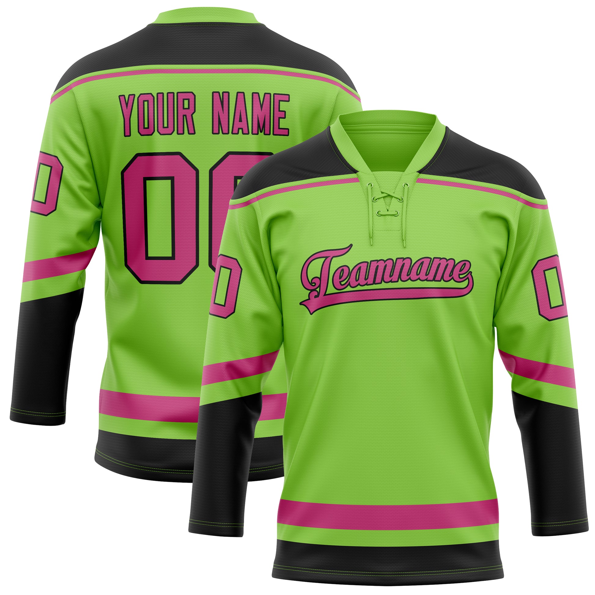 Maßgeschneidertes Professionelles Neongrün Rosa Eishockeytrikot HK01240718NE302