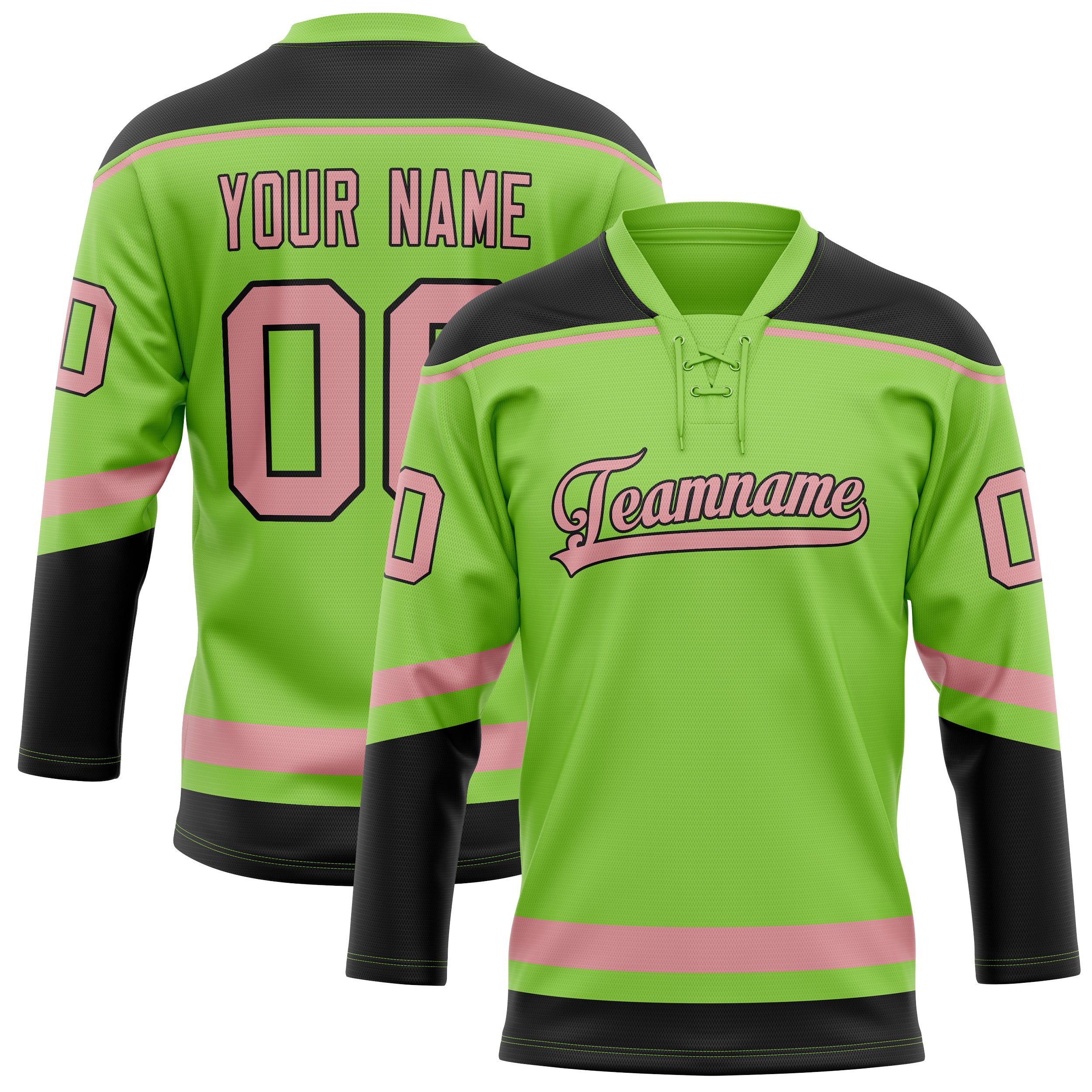 Maßgeschneidertes Professionelles Neongrün Rosa Eishockeytrikot HK01240718NE303