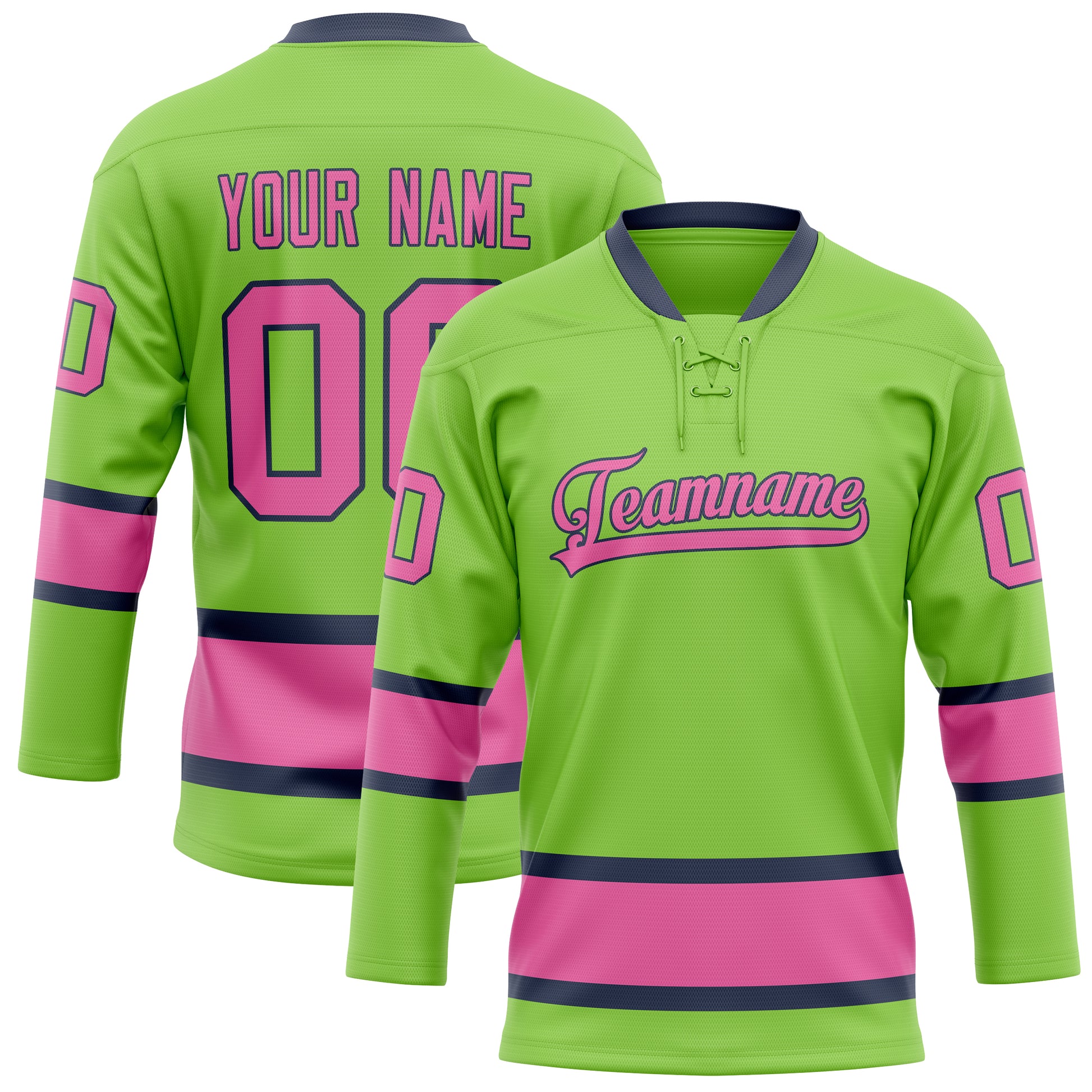 Maßgeschneidertes Professionelles Neongrün Rosa Eishockeytrikot HK01240718NE304