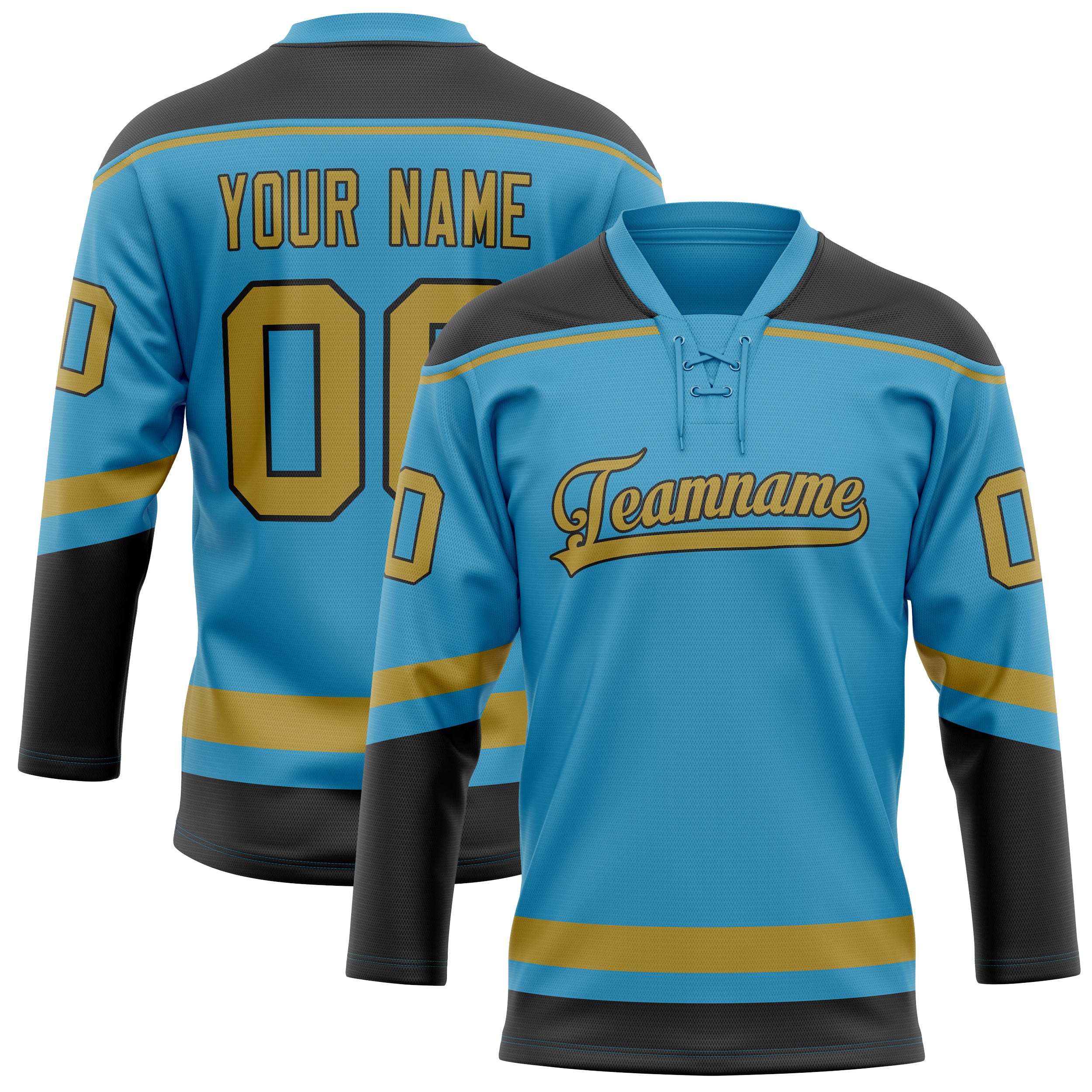 Maßgeschneidertes Professionelles Pantherblau Altgold Eishockeytrikot HK01240718PA384