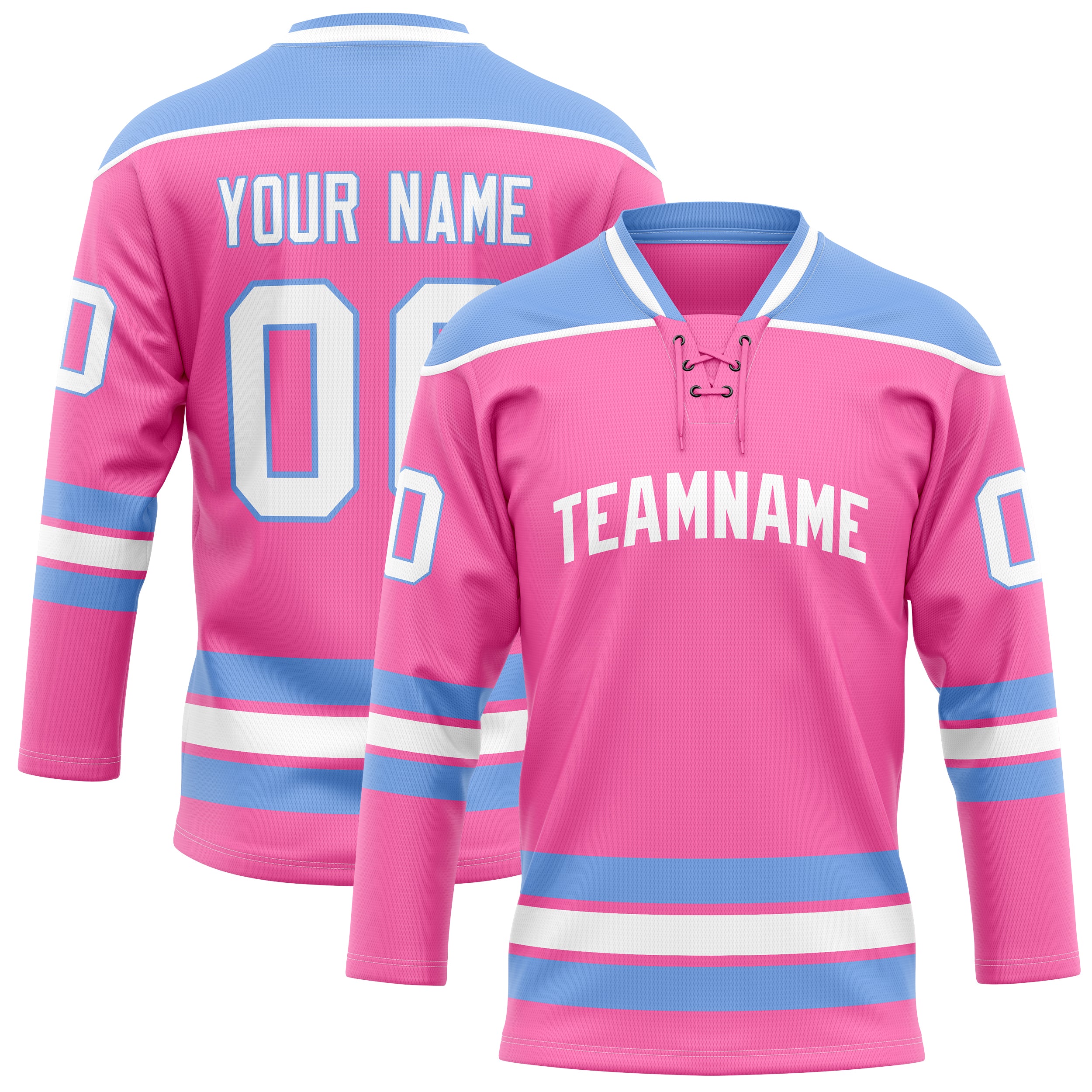 Maßgeschneidertes Professionelles Rosa Hellblau Eishockeytrikot HK01240718PI389