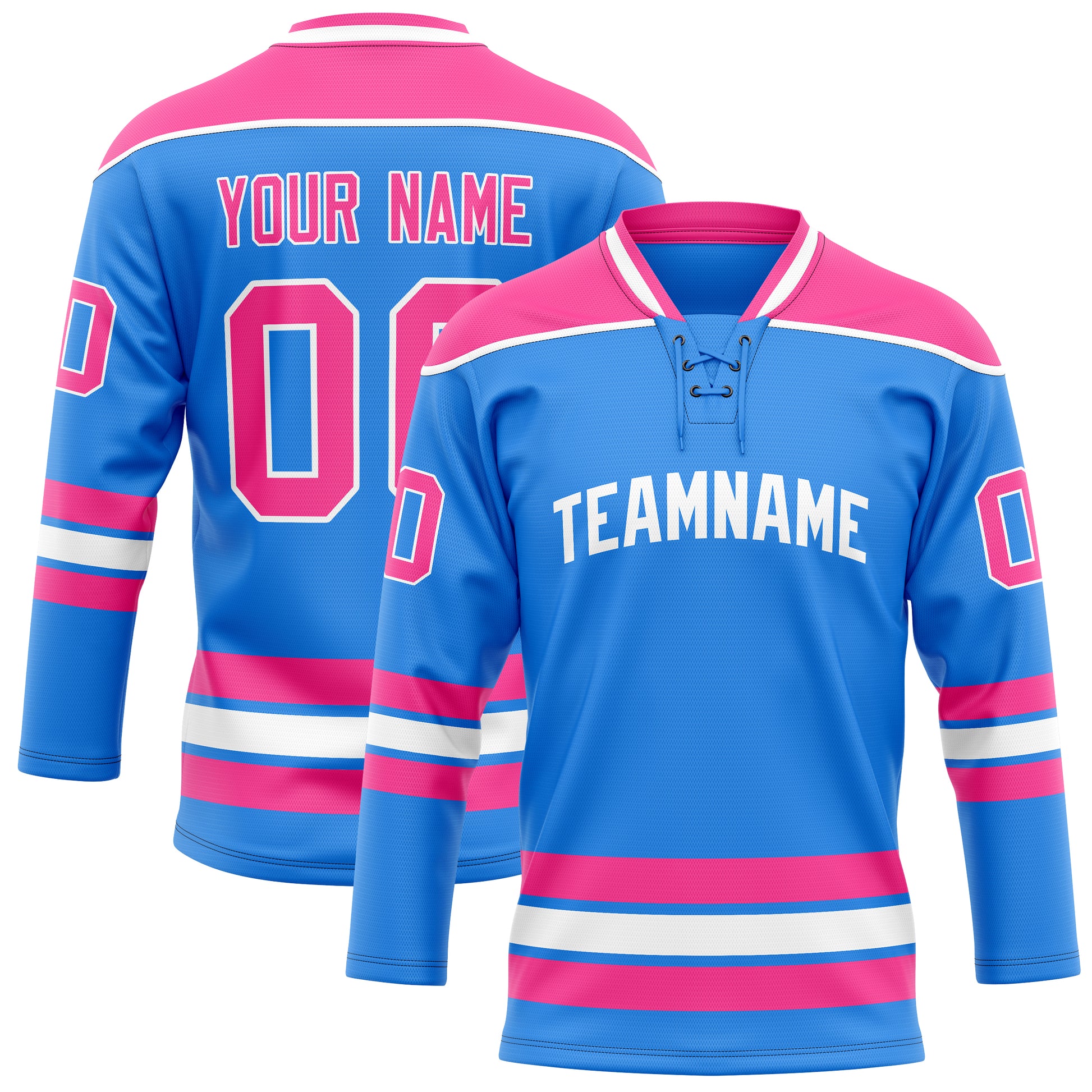 Maßgeschneidertes Professionelles Puderblau Rosa Eishockeytrikot HK01240718PO413