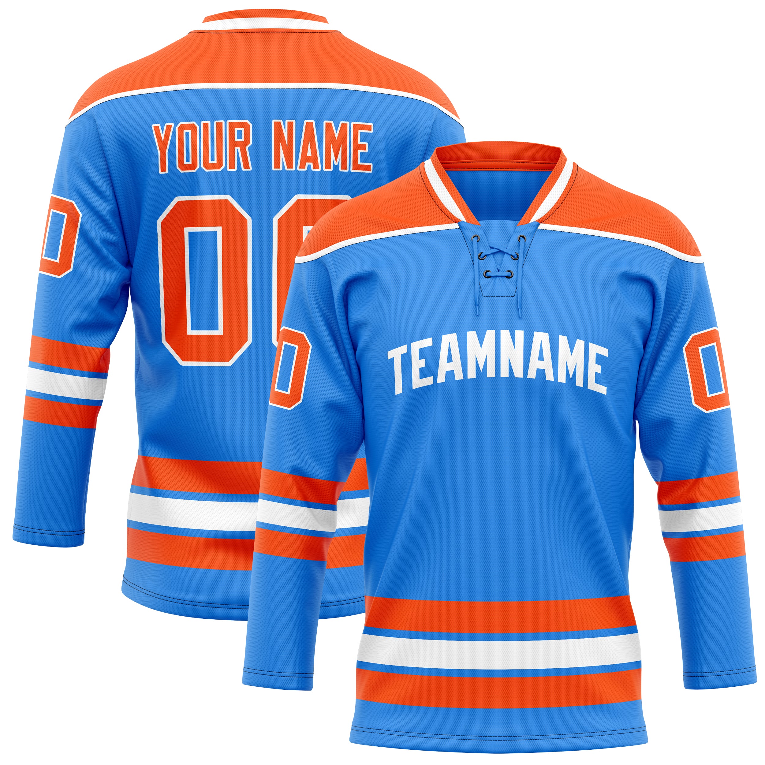 Maßgeschneidertes Professionelles Puderblau Orange Eishockeytrikot HK01240718PO414