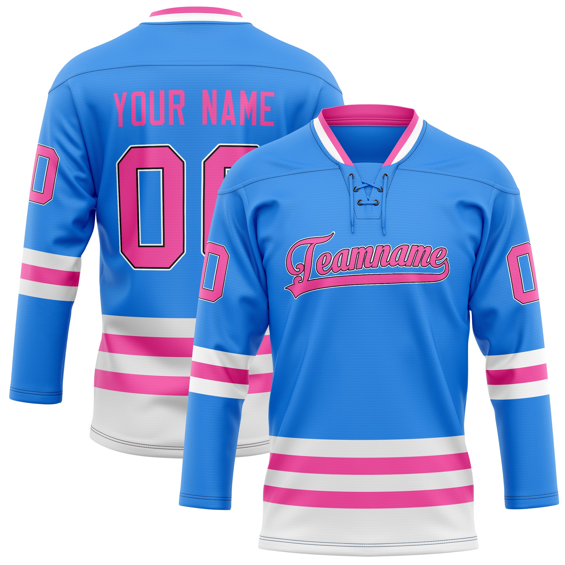 Maßgeschneidertes Professionelles Puderblau Rosa Eishockeytrikot HK01240718PO424