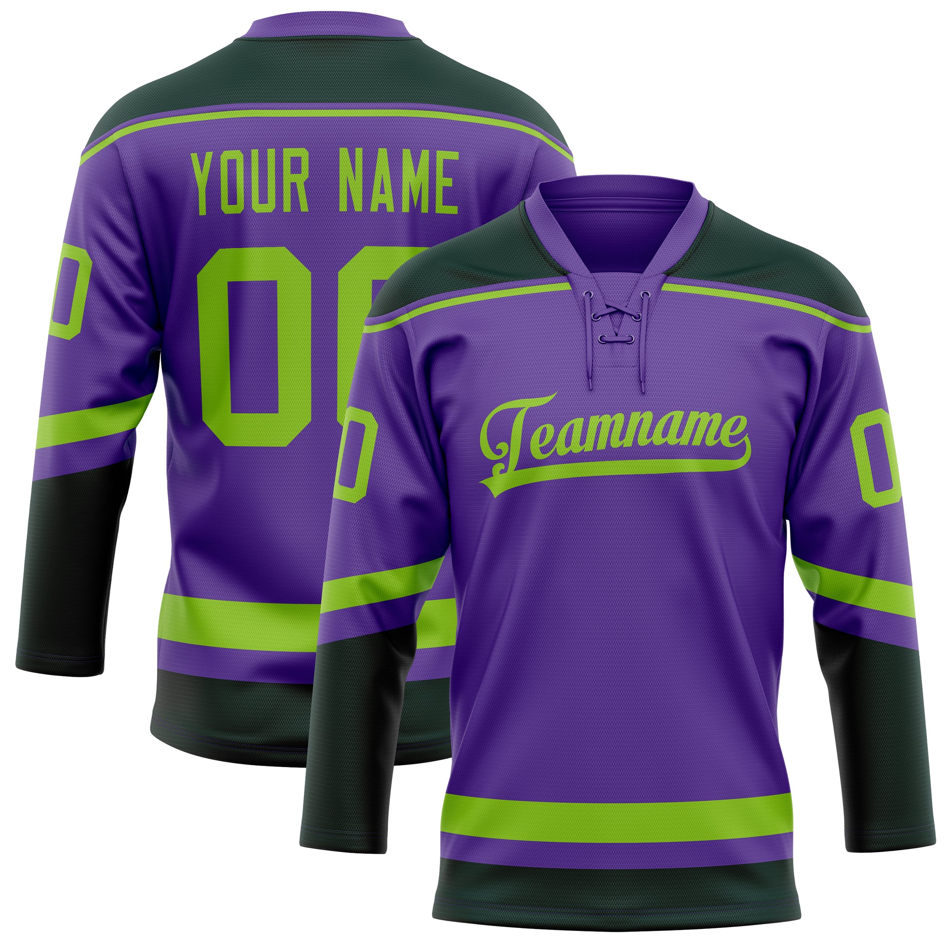 Maßgeschneidertes Professionelles Lila Neongrün Eishockeytrikot HK01240718PU446