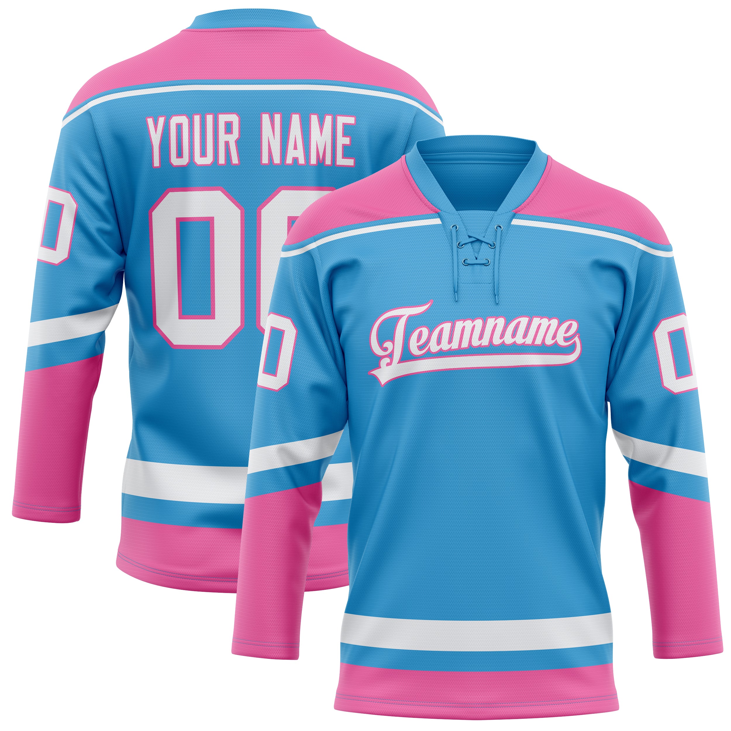 Maßgeschneidertes Professionelles Himmelblau Rosa Eishockeytrikot HK01240718SK491