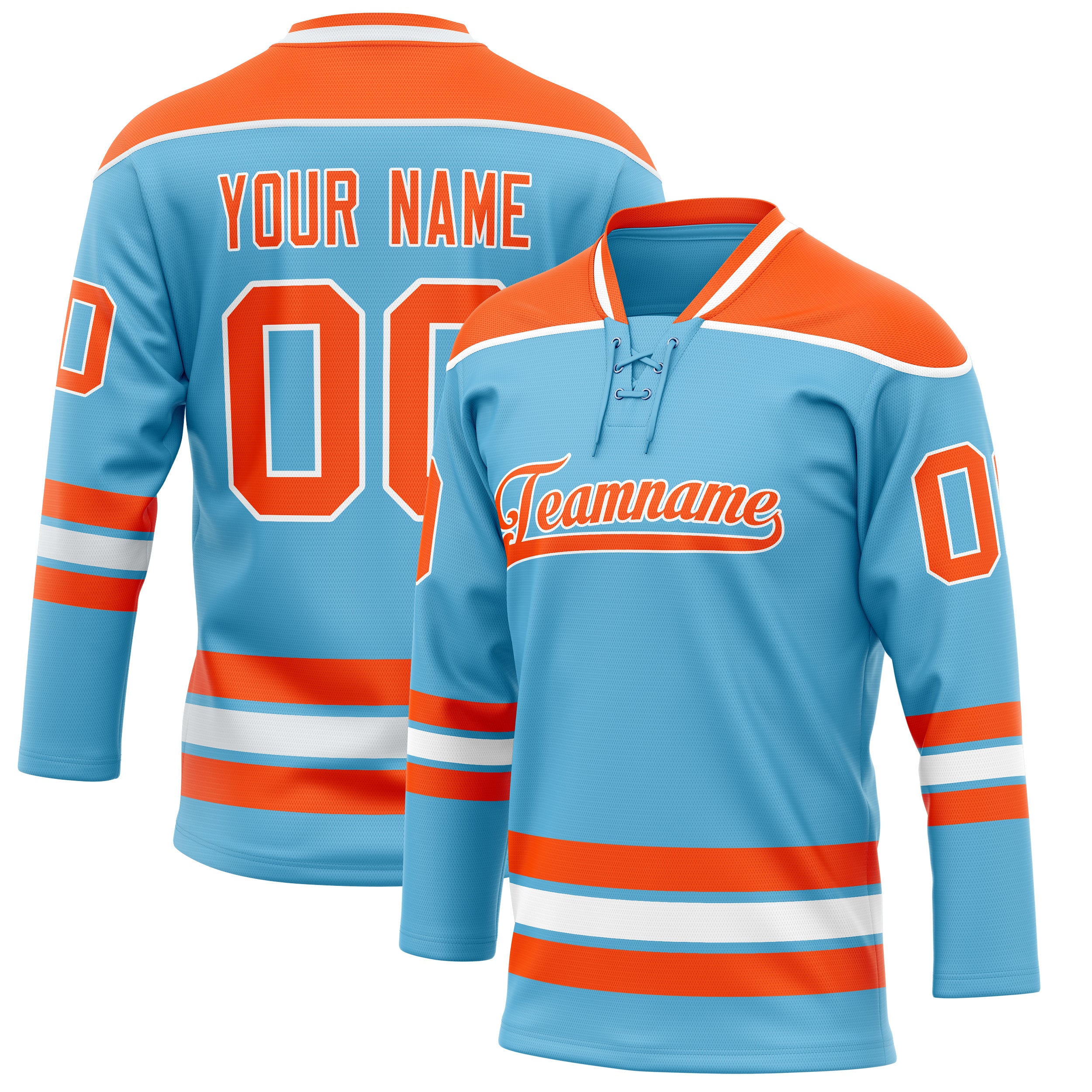 Maßgeschneidertes Professionelles Himmelblau Orange Eishockeytrikot HK01240718SK498